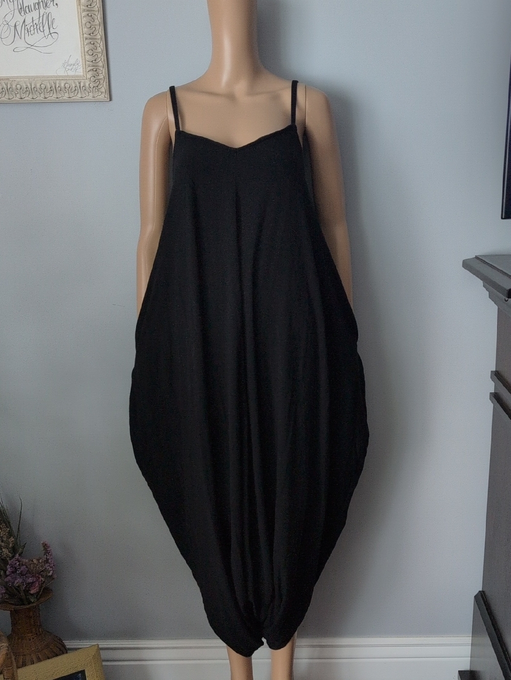 Smash + Tess Boho Lagenlook Black Haren Drop Crotch Jumpsuit Romper SZ L - Picture 3 of 13